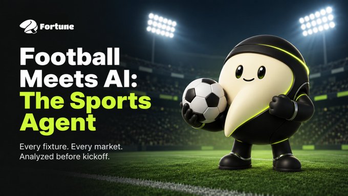 A Fortune advertisement featuring a ninja character holding a soccer ball on a football field, with the headline "Football Meets AI: The Sports Agent" and tagline "Every fixture. Every market. Analyzed before kickoff." The image visually reinforces the post's message about Fortune Sports Agent providing AI-powered analysis and data-backed predictions before games begin.