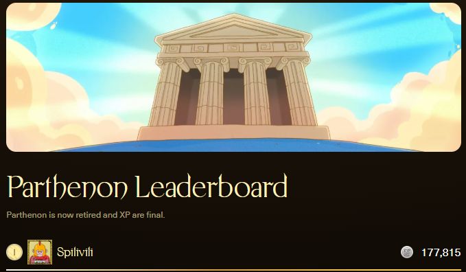 A 'Parthenon Leaderboard' screen showing 'Spilivvli' in 1st place with 177,815, noting that Parthenon is retired and XP are final, featuring an illustration of a Greek temple.