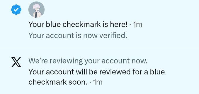 A notification panel shows a message reading 'Your blue checkmark is here! Your account is now verified.' alongside an avatar, contrasted with an X (formerly Twitter) notification stating 'We're reviewing your account now.'