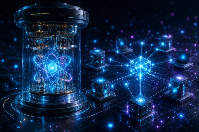 A futuristic digital rendering shows a cylindrical container holding a glowing blue atom symbol, connected by light beams to networked cubes on a dark background.