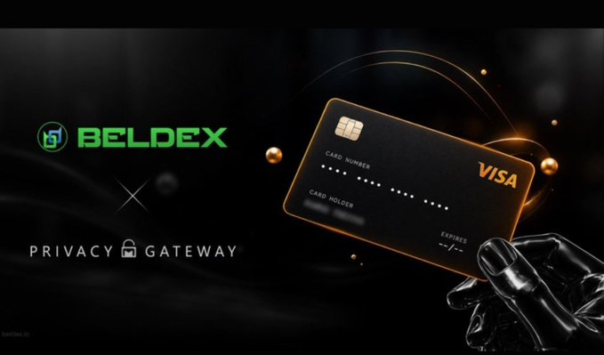 An advertisement showing the green 'BELDEX' logo next to a 'PRIVACY GATEWAY' lock icon, alongside a hand holding a black Visa card with glowing orange accents.