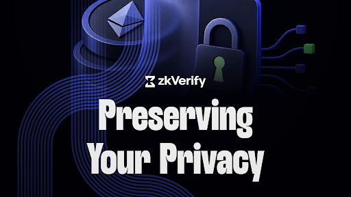 A black promotional graphic for zkVerify shows blue circuitry, an Ethereum logo, a lock icon, and the large white text “Preserving Your Privacy.”