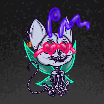 A cartoon white cat skeleton with red heart-shaped eyes, a teal star, and purple neon lettering above it.
