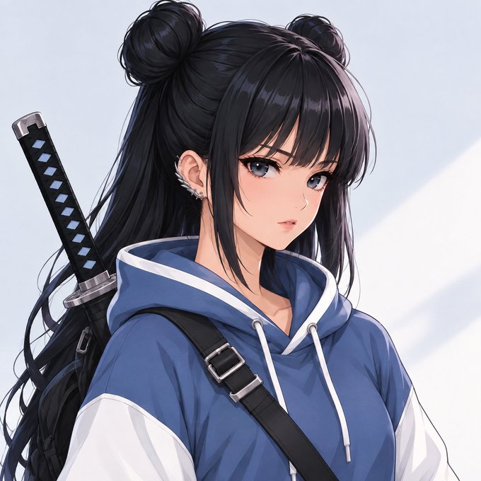 An anime-style illustration of a young woman with long black hair styled in double buns, wearing a blue hoodie and carrying a katana sword on her back.