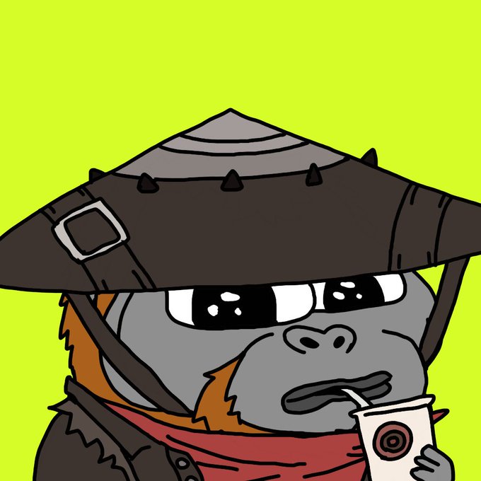 A cartoon illustration of a grumpy gorilla character wearing a conical straw hat and red bandana, drinking from a paper cup with a straw against a bright green background.