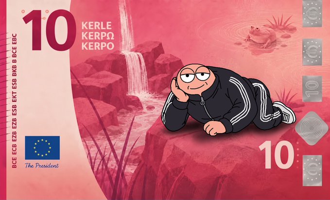 A stylized 10-denomination banknote titled "The President" features a cartoon frog lounging in a black tracksuit beside a waterfall, with the EU flag and serial number "BCE ECB EZB EKP EKT ESB BĊE EBC" along its edge, humorously depicting a "Presidential" currency tied to Robinhood's blockchain NFT launch.