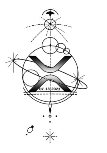 A black and white geometric tattoo-style design featuring an 'X' symbol (the XRP/Ripple logo) centered within circles, stars, and a date banner reading '07.13.2023'.