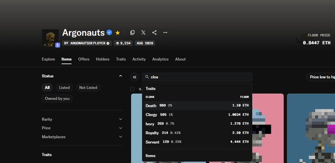 An NFT marketplace page for the 'Argonauts' collection by ARGOAUTSDEPLOYER, showing a floor price of 0.8447 ETH and a trait filter dropdown displaying options like Clown, Death, Clergy, Ivory, Royalty, and Servant.