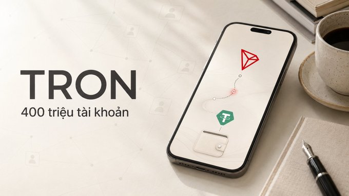 An advertisement for TRON featuring a smartphone displaying the TRX logo and the text 'TRON 400 triệu tài khoản' (400 million accounts).