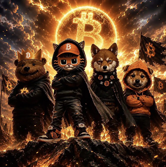 A digital illustration depicts four anthropomorphic characters—a bear, a cat, a dog, and another animal—dressed in edgy streetwear and standing before a glowing Bitcoin (₿) symbol surrounded by fiery clouds.