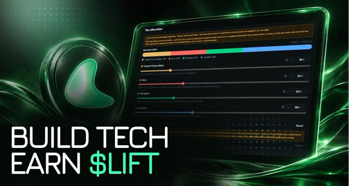 A promotional graphic features a green coin and a tablet showing a 'Tax allocation' dashboard, with the bold text 'BUILD TECH EARN $LIFT' against a green futuristic background.