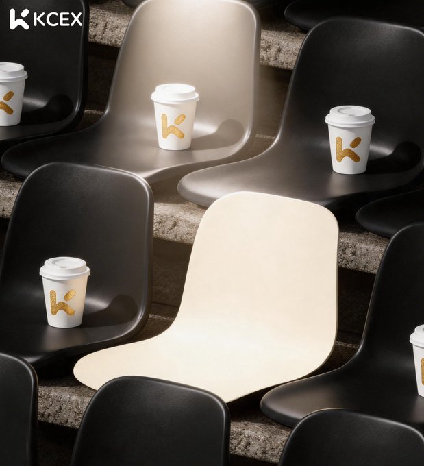 A promotional image for KCEX showing black chairs arranged in rows, with a white chair in the center and white coffee cups bearing a gold 'K' logo placed on several of the chairs.