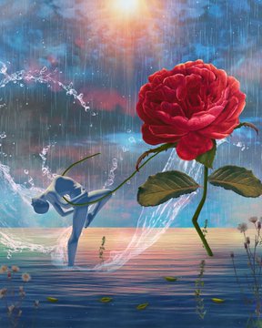 Surreal digital artwork depicting a figure in blue pulling a large red rose through water under a stormy, rain-filled sky with a bright sun.