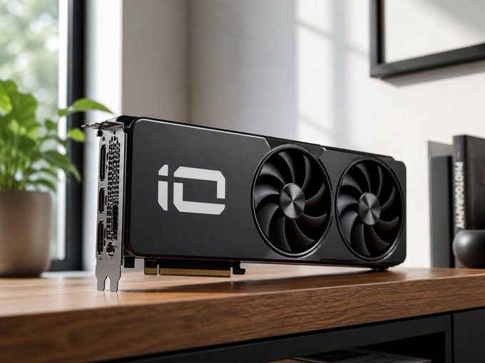 A photograph of a black dual-fan graphics card displayed on a wooden desk in a sunlit room, with a plant and books (including 'PHOTOGRAPHY') in the background.