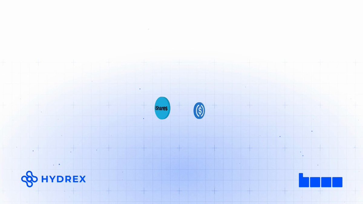 The image features a white background with blue logos for Hydrex, BlackRock, and iShares. The Hydrex logo is positioned at the top left corner of the image, while the BlackRock logo is located at the bottom right corner. The iShares logo is situated in the middle-right area of the image. The text "BlackRock's iShares have entered the Hydrex flywheel." is written below the logos, and a line of code is displayed above it that says "@st0x_io provides tokenized and backed SGOV shares onchain."