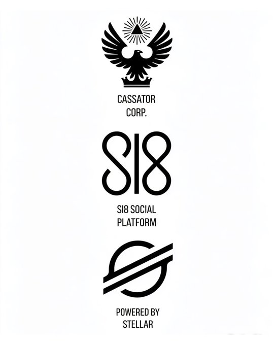 The image displays three logos stacked vertically: "Cassator Corp." with an eagle emblem, "SI8 Social Platform," and a "Powered by Stellar" symbol. The branding aligns with the post's announcement of the SI8 (Sl8) social platform's USA Independence Day $XLM staking event, hosted on the Stellar blockchain network.