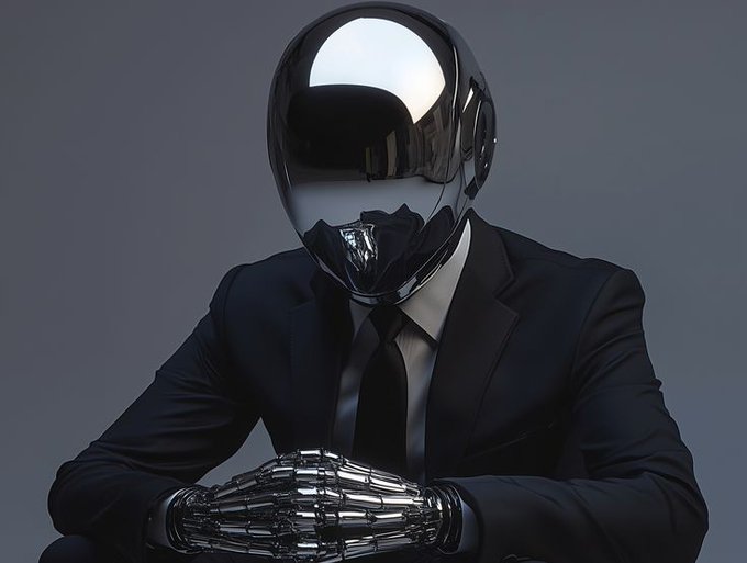 A 3D render shows a figure in a dark suit with a glossy black, featureless helmet for a head and metallic robotic hands clasped together.