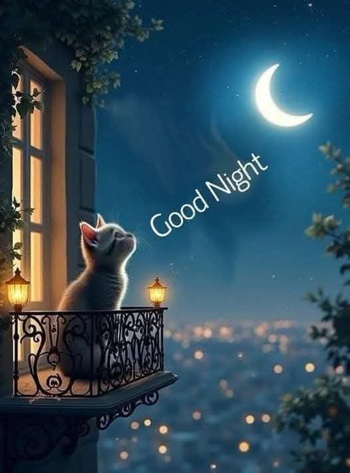 A whimsical illustration depicts a white kitten sitting on an ornate wrought-iron balcony at night, gazing up at a crescent moon, with the text 'Good Night' displayed across the scene.