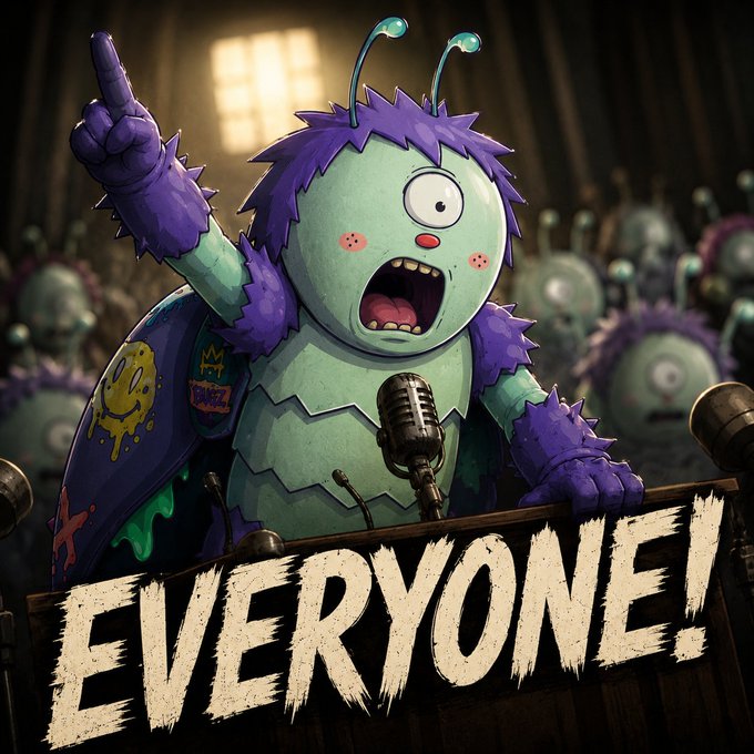 A cartoonish purple-haired, green-skinned bug-like creature with antennae stands at a podium with a microphone, pointing upward while shouting, with the bold text "EVERYONE!" displayed prominently below. The exaggerated, enthusiastic expression of the bug character and the rallying cry of "EVERYONE!" humorously amplifies the post's message about inclusivity and expanding Web3 collections on UnVault beyond just Genesis Bugz.
