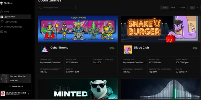 Screenshot of a Nucleus platform 'Opportunities' page listing available NFT offerings, including 'CyberThrone' and 'Slippy Club', showing details like campaign type (GTD Whitelist), reputation eligibility, top contributors, and ends in time.