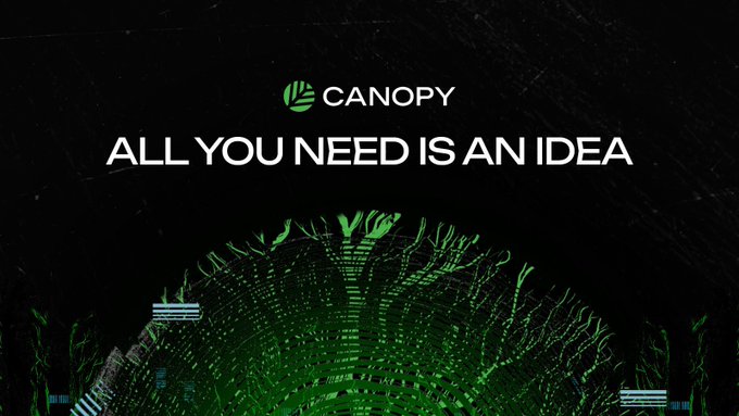 A dark promotional graphic for CANOPY displaying the tagline 'ALL YOU NEED IS AN IDEA' above a green pixelated digital canopy design.