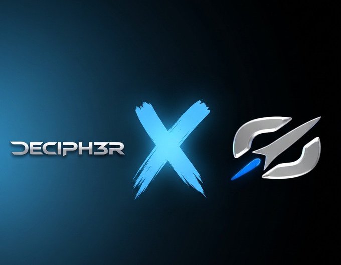 Digital artwork with the text 'DECIPHZ3R' alongside a blue X symbol and a metallic stylized logo on a dark background.