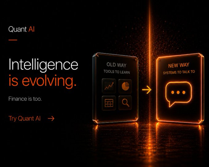 The image features two square, orange-lit boxes with text that reads "Intelligence is evolving." One box has an arrow pointing towards a speech bubble containing the phrase "New way to learn" while the other box displays a speech bubble with the words "Finance is too expensive." The background of both boxes is black.