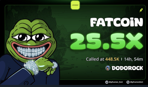A digital graphic announces "FATCOIN 25.5X" with the text "Called at 448.5K | 14h, 54m" and the handle "@DODOROCK," featuring a cartoon character wearing diamond rings and grinning widely.