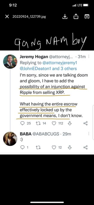A screenshot of a Twitter reply by Jeremy Hogan (@attorneyjeremy1) discussing the possibility of an injunction against Ripple regarding XRP sales, with handwritten text 'GANG NAM boy' at the top.