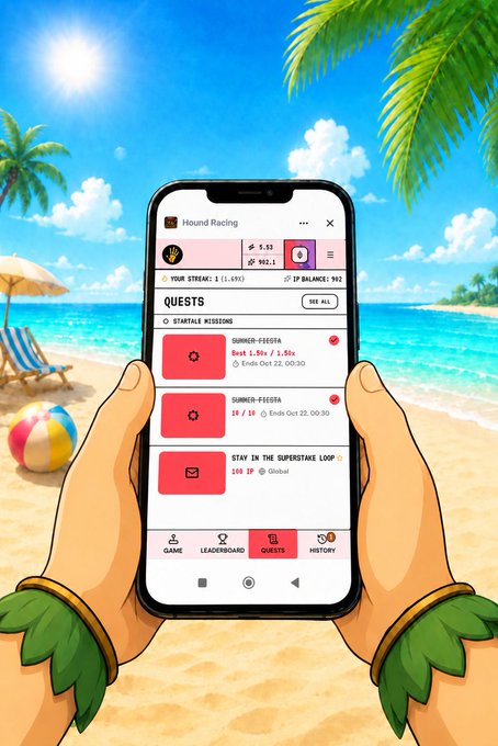 An illustration of hands holding a smartphone displaying a 'Hound Racing' app with quests like 'Summer-Fiesta' and 'Stay in the Uppertake Loop,' set against a tropical beach background.