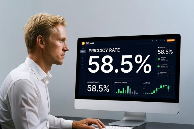 A blonde man in a white shirt intently studies a computer monitor displaying a Bitcoin dashboard with a "PRICRACY RATE" of 58.5%, alongside candlestick charts and accuracy metrics. The image visually reinforces the post's message about Qubic's predictive performance on Bitcoin direction, showing that even modest above-50% accuracy rates can represent meaningful edges in binary forecasting.