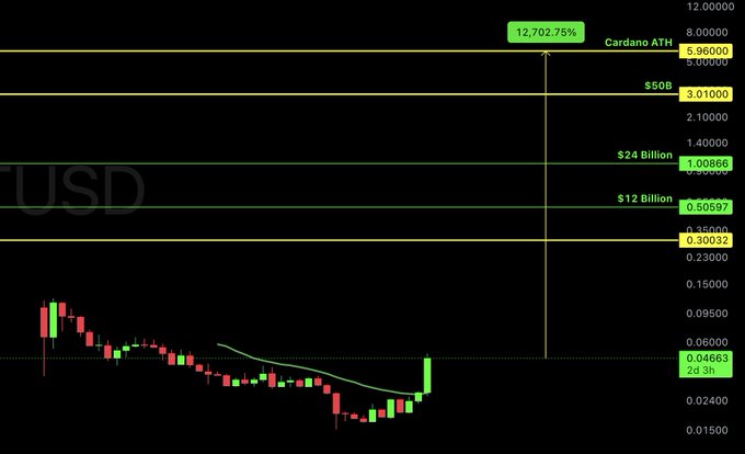A candlestick chart of Cardano (CUSD) showing a 12,702.75% gain to reach its all-time high, with key levels marked at $50B, $24 Billion, and $12 Billion.