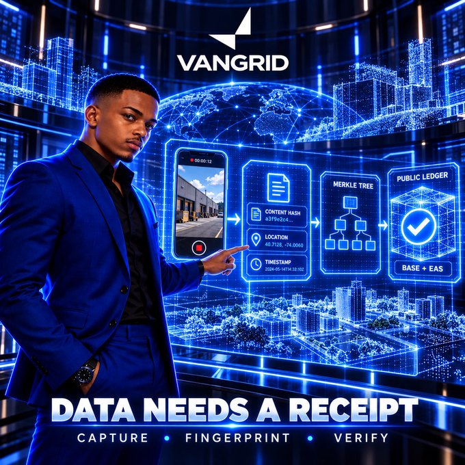 VANGRID 'DATA NEEDS A RECEIPT' ad featuring a man in a blue suit pointing at a holographic pipeline (Capture, Fingerprint, Verify) showing Content Hash, Location, Timestamp, Merkle Tree, and Public Ledger (Base + EAS).