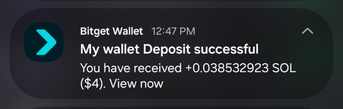 A Bitget Wallet notification reading 'My wallet Deposit successful' showing a receipt of +0.038532923 SOL ($4) at 12:47 PM.