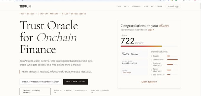 A webpage for ZeruAI titled "Trust Oracle for Onchain Finance" displaying a zScore of 722 out of 3000, categorized in the Top 5% Elite tier with a breakdown including Wallet Diversity and Gas Behavior.