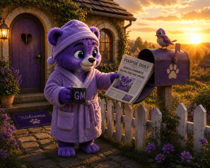 An adorable purple teddy bear in a nightcap and robe holds a 'GM' mug while reading a 'POOPSIE DAILY' newspaper from a mailbox in a whimsical village at sunset.