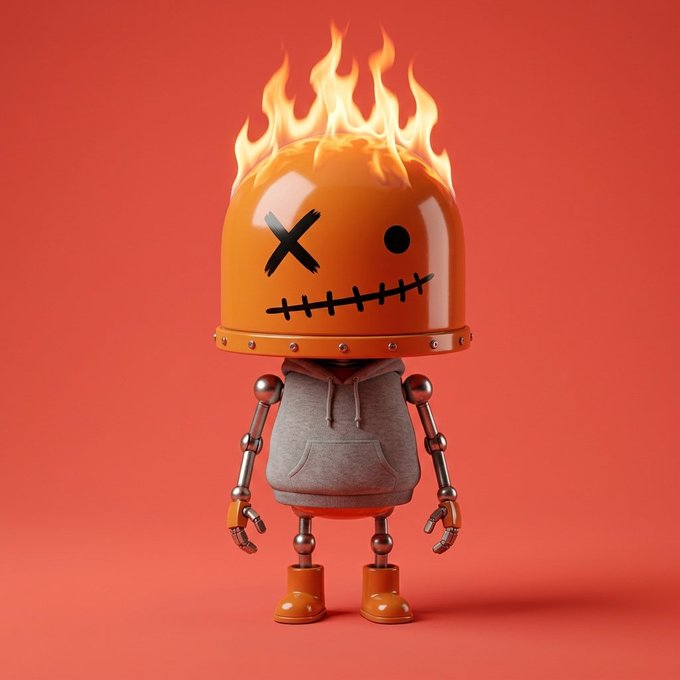 A 3D-rendered toy-like character with an orange helmet featuring an X eye, stitched mouth, and flames on top, wearing a gray hoodie and brown boots against a red background.