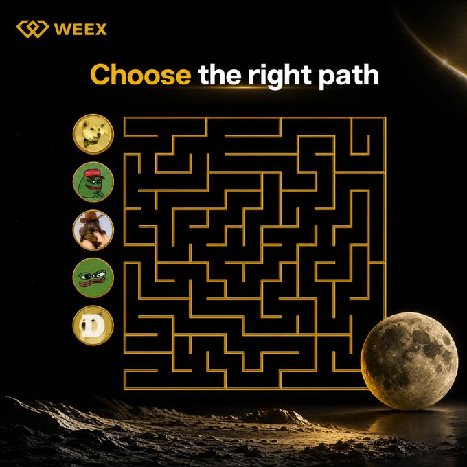 A promotional WEEX cryptocurrency giveaway featuring a gold maze with five meme coin icons (Doge, Wojak, Cowboy Pepe, Pepe, and Dogecoin) on the left side, set against a space-themed background with a detailed moon, alongside the header "Choose the right path." The image ties directly to the giveaway by inviting users to pick which meme coin will "go to the Moon," with five winners splitting the prize using their UID.