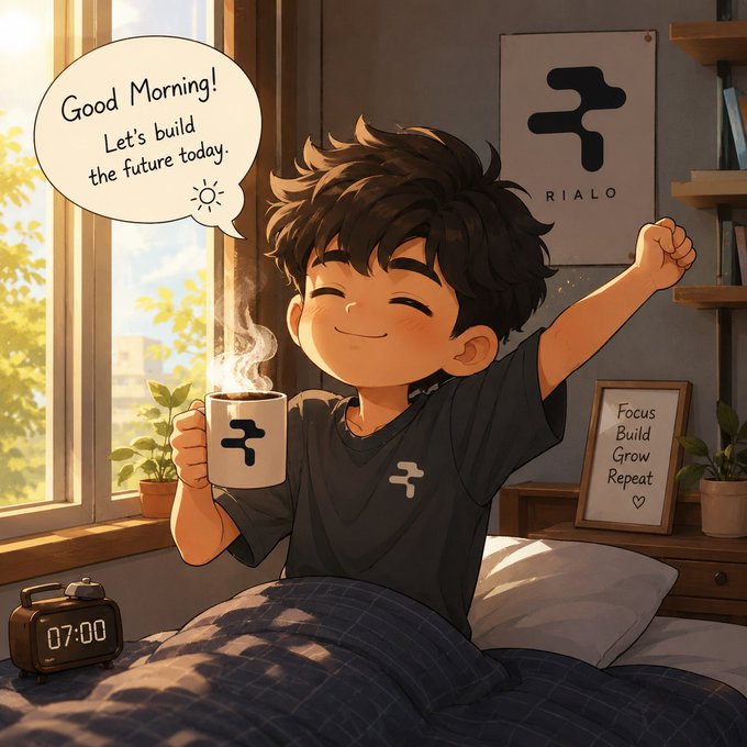 An anime-style illustration shows a smiling boy in bed holding a steaming mug, with speech bubbles reading 'Good Morning! Let's build the future today.' and 'Focus Build Grow Repeat' visible on a framed sign.