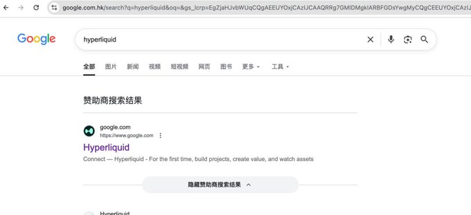 A Google search results page showing a query for 'hyperliquid' with a sponsored ad result titled 'Hyperliquid - Connect' from google.com, and a button labeled in Chinese for hiding sponsored results.