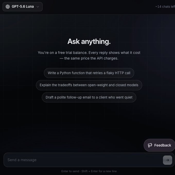 A chat interface titled 'Ask anything' for GPT-5.6 Luna, displaying a free trial message and three suggested prompts including 'Write a Python function that retries a flaky HTTP call' and 'Draft a polite follow-up email to a client who went quiet'.
