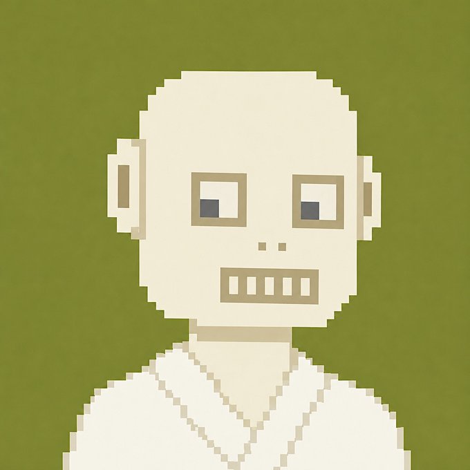 A pixel art illustration of a pale, bald humanoid figure with rectangular eyes, a blocky mouth showing teeth, and a neutral expression against a green background.