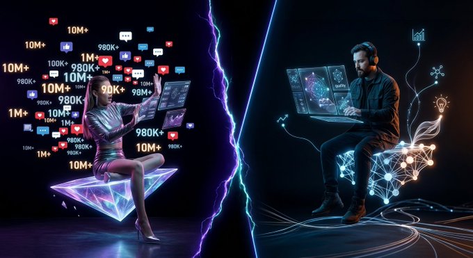 The image features two individuals sitting at a desk, each using a laptop. One person has a laptop with a screen displaying social media icons like "10M", "1M", and "9K". The other person's laptop shows a different scene of a man working on his computer while wearing headphones. The background is black, but there are some elements that add to the overall visual appeal of the image.