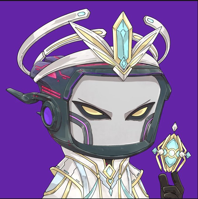 An illustration of a futuristic, robotic character with a white and dark gray helmet featuring yellow glowing eyes and purple accents, set against a purple background. The character wears a white outfit with gold and teal gem details and holds a glowing, diamond-shaped object.