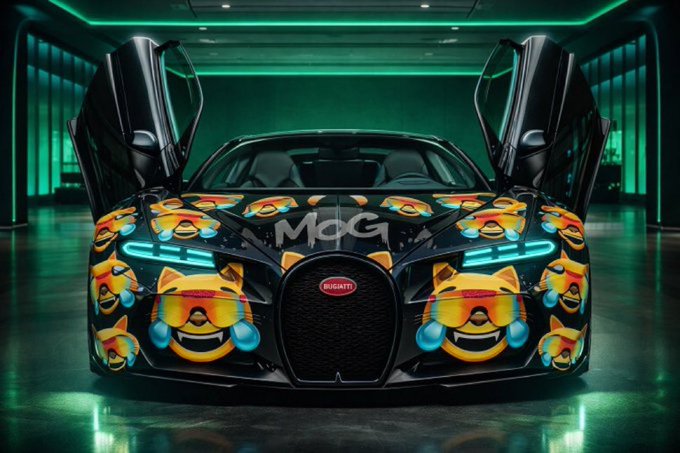 An AI-generated image of a Bugatti sports car wrapped with a custom livery featuring the yellow 'MOG' cat meme with rainbow sunglasses, parked in a green-lit garage.