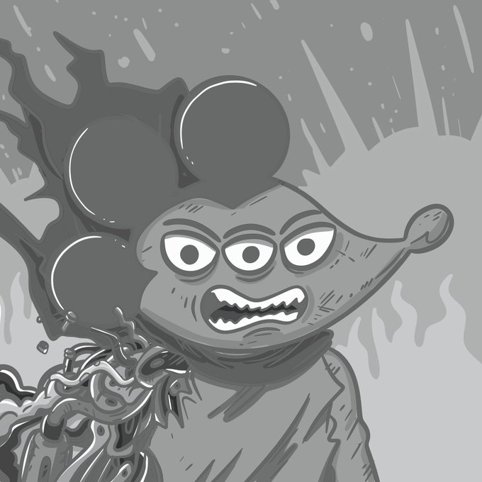 A grayscale cartoon-style illustration of a three-eyed monster with a spiky ball-like hairstyle, baring sharp teeth with tangled chains around its neck, set against a fiery or explosive background—fitting the "grey GM" tone with its moody, desaturated aesthetic.