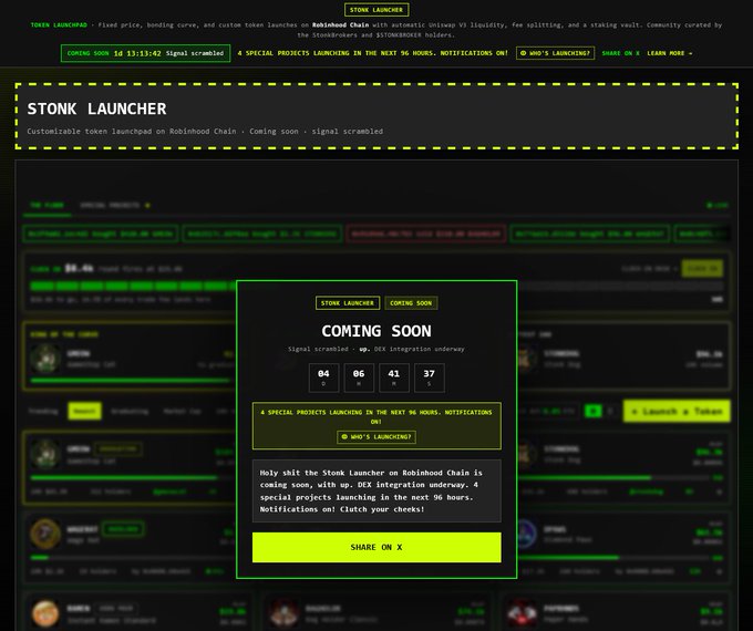 A website screenshot displays a countdown timer for "STONK LAUNCHER" with 04 days, 05 hours, 41 minutes, and 37 seconds remaining, indicating it is "COMING SOON." The accompanying post, written in Turkish, announces the launchpad's opening on August 12 at 03:00 TSI, noting features like fixed price and bonding curves on Robinhood Chain.
