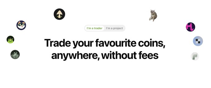 A website header reading "Trade your favourite coins, anywhere, without fees" with toggle options "I'm a trader" and "I'm a project", surrounded by crypto coin icons including BNB, ETH, and USDC.