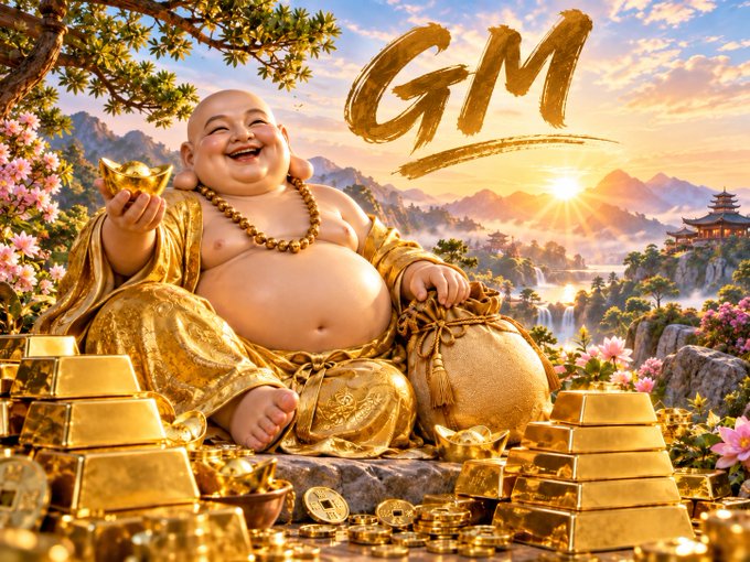A vibrant illustration of a laughing Laughing Buddha (Budai) sitting amid piles of gold ingots, coins, and a golden sack, holding a gold ingot, with the letters 'GM' (Good Morning) displayed in gold brushstroke text against a sunrise mountain backdrop.