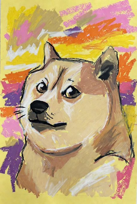 An expressive pastel and oil-pastel portrait drawing of a smiling Shiba Inu dog against a colorful abstract background.
